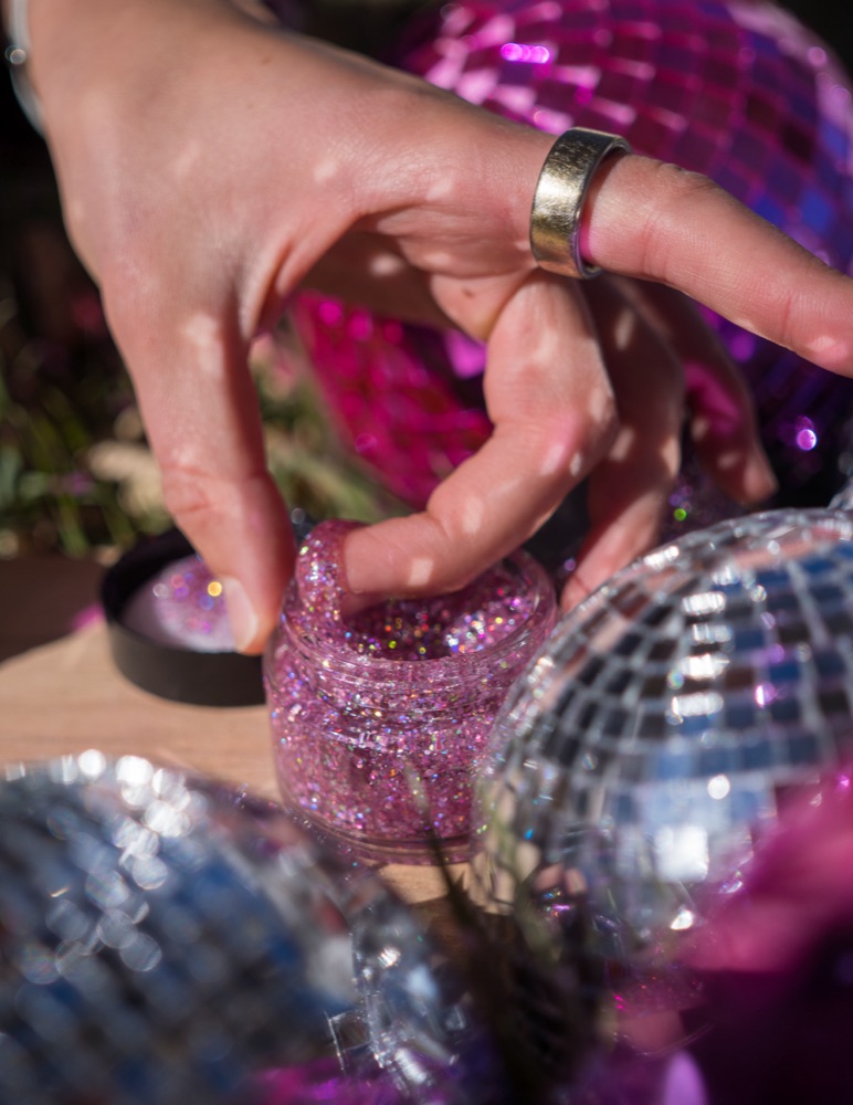 Bubble YUM — a jar of pink-lavender biodegradable face & body glitter